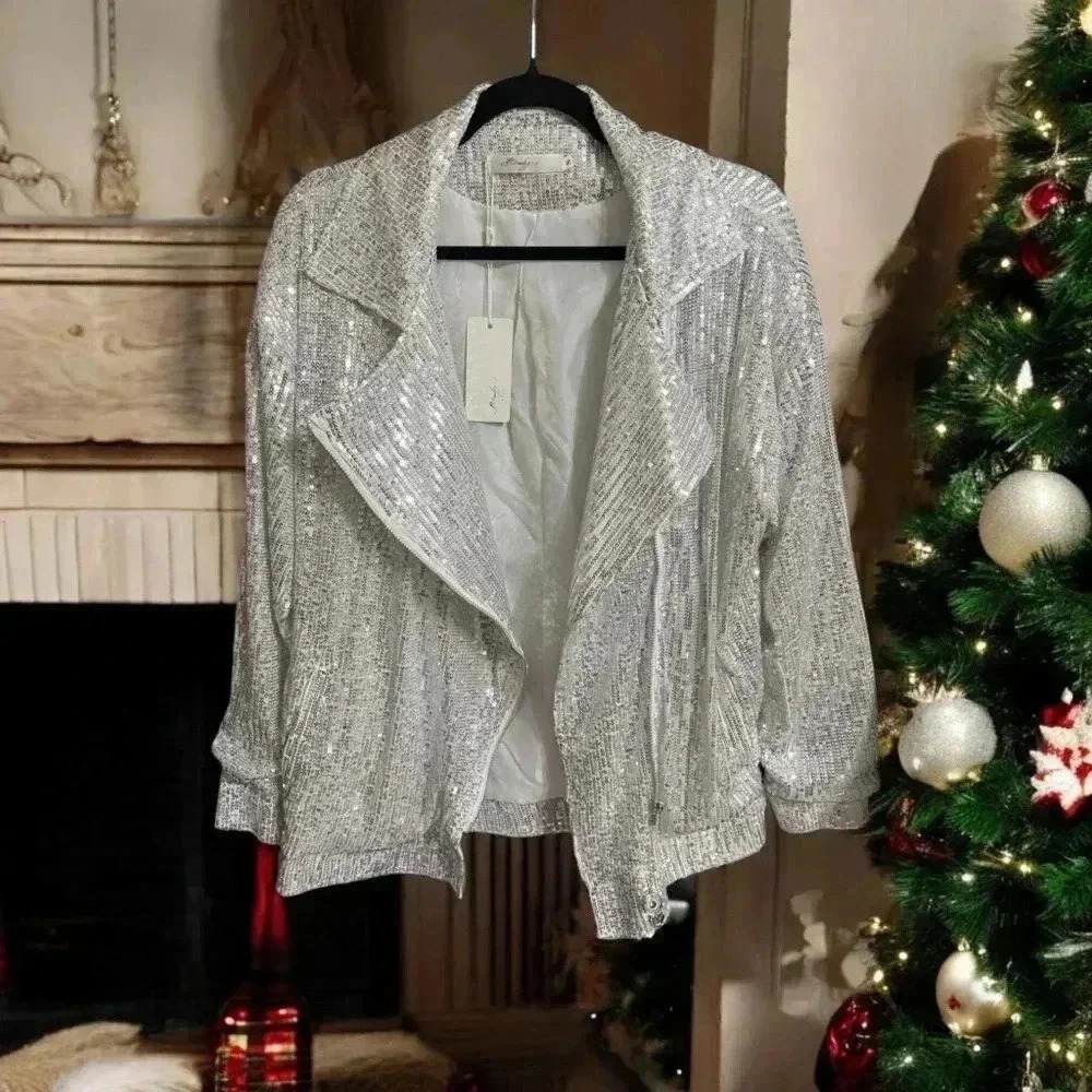 Women's Fashion Sequin Long Sleeve Blazer Set Party Wear Glitter Shiny Coat Suit